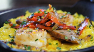 Paella with Saffron Rice, Italian Sausage, Peppers, Onions, and Shrimp