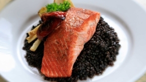 Seared Alaskan Salmon with Beluga Lentils