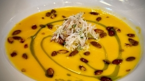 Kabocha Squash Soup with King Crab & Chive Oil