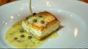 Seared Halibut with White Wine Butter Sauce, Capers & Shallots