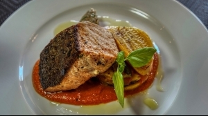 Pan-Seared Salmon with Ratatouille, Smoked Eggplant & Hazelnut Romesco