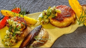 Scallop Duo, celery root purée, roasted turnips, grilled carrots, preserve lemon gremolada 