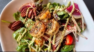 Grilled Shrimp Salad with Green Goddess Dressing & Candied Pecans