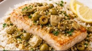 Phil’s Famous Artichoke Halibut with Chardonnay Butter Sauce & White Rice